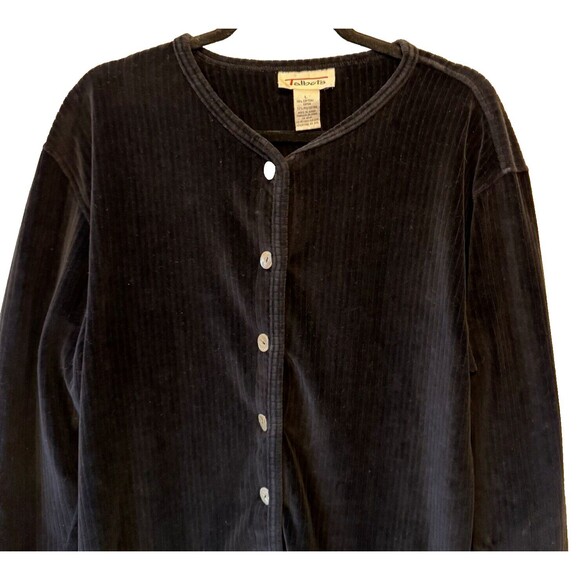 Talbots Jacket Black Velvet Large Button Up Long Sleeves Pockets Soft Ribbed - Picture 4 of 8